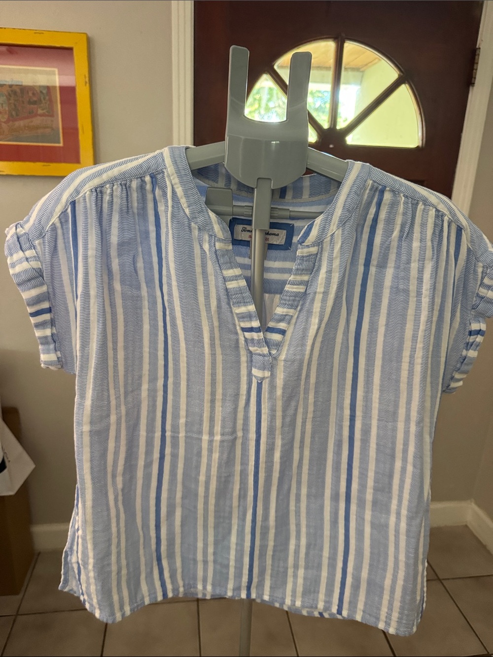 Tommy Bahama Blue and White Striped Cotton Split-Neck Top
